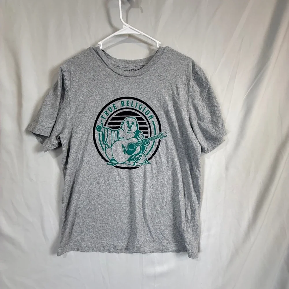 True Religion Buddha Guitar Graphic T Shirt Mens Large Gray Short Sleeve Crew‎